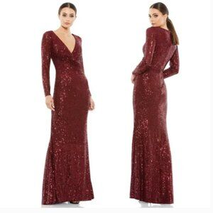 MAC DUGGAL 26574 SEQUINED FAUX WRAP LONG SLEEVE WINE COLUMN GOWN sz 4